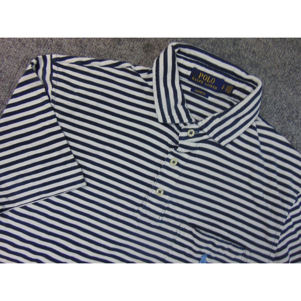 Polo Ralph Lauren Shirt Mens Small Classic Fit Navy Blue White Stripe Pocket